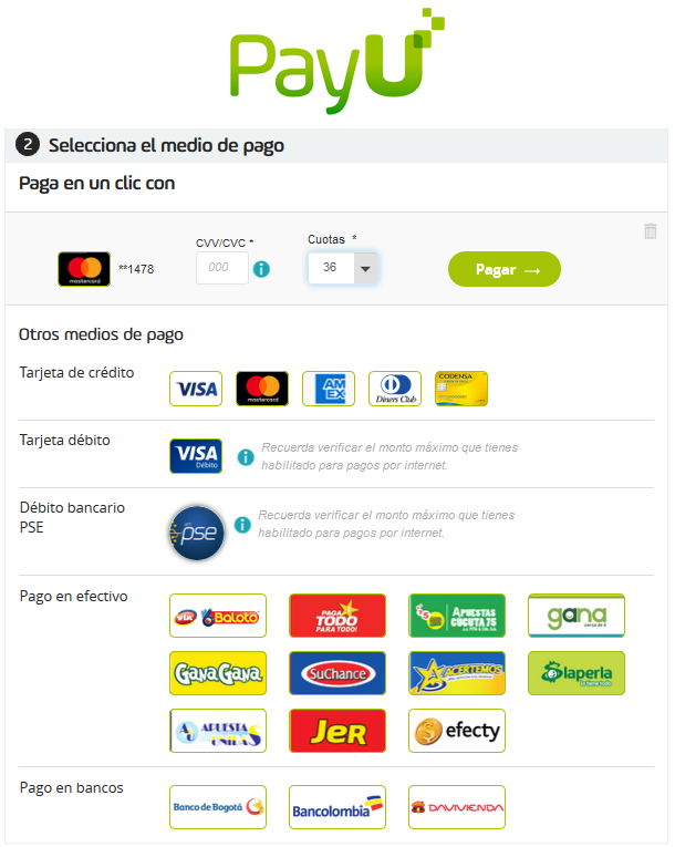 Tu Marketing Bogotá - PayU payment methods popup